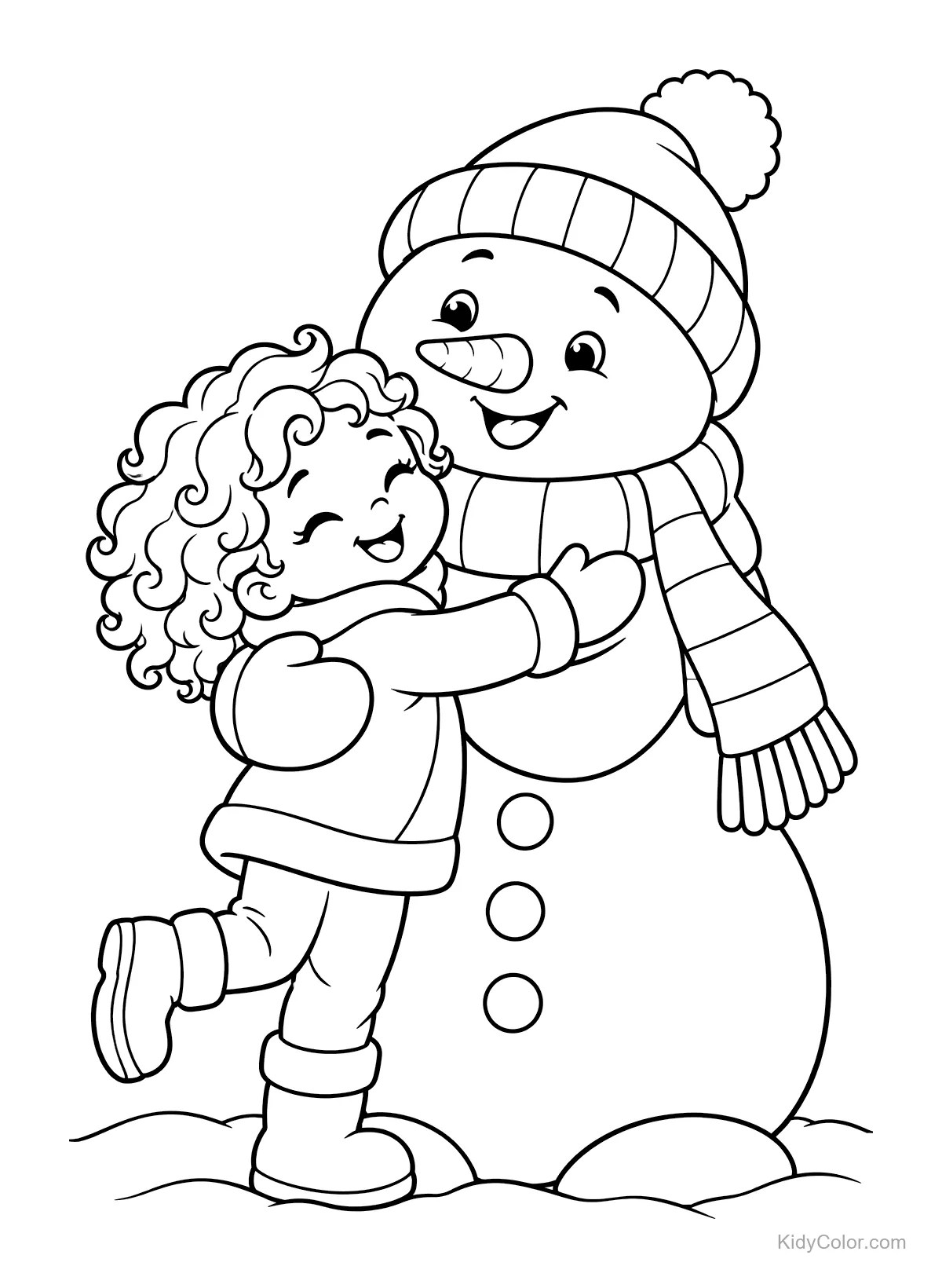 A snowman wearing a hat and scarf hugs a curly-haired child.