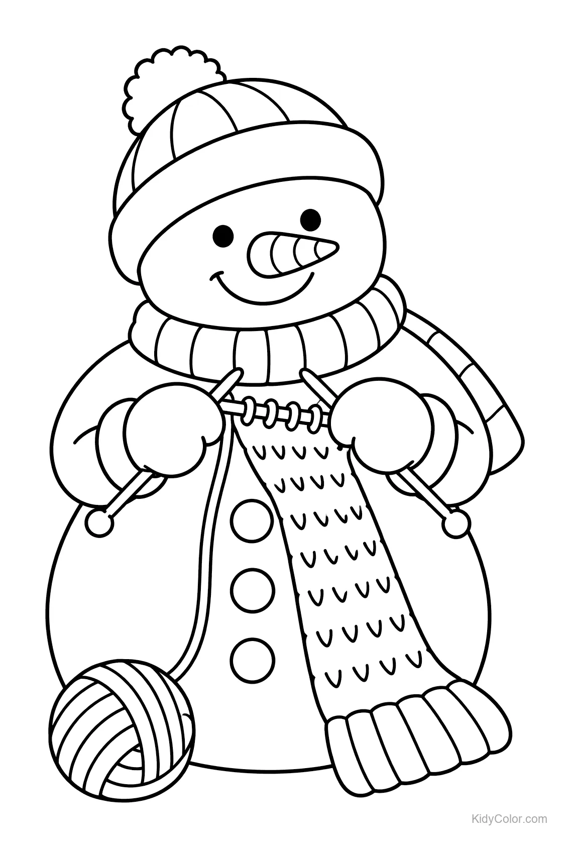 Ein Schneemann mit Hut und Schal strickt einen langen Schal mit Wolle.