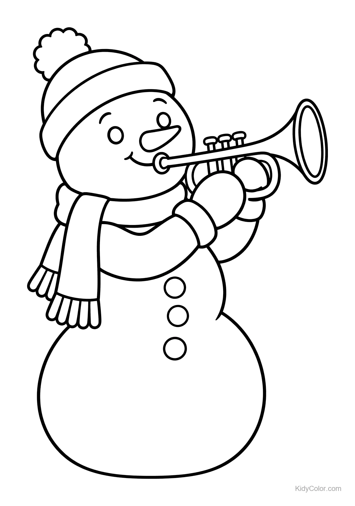 Pupazzo di neve con cappello e sciarpa che suona la tromba.