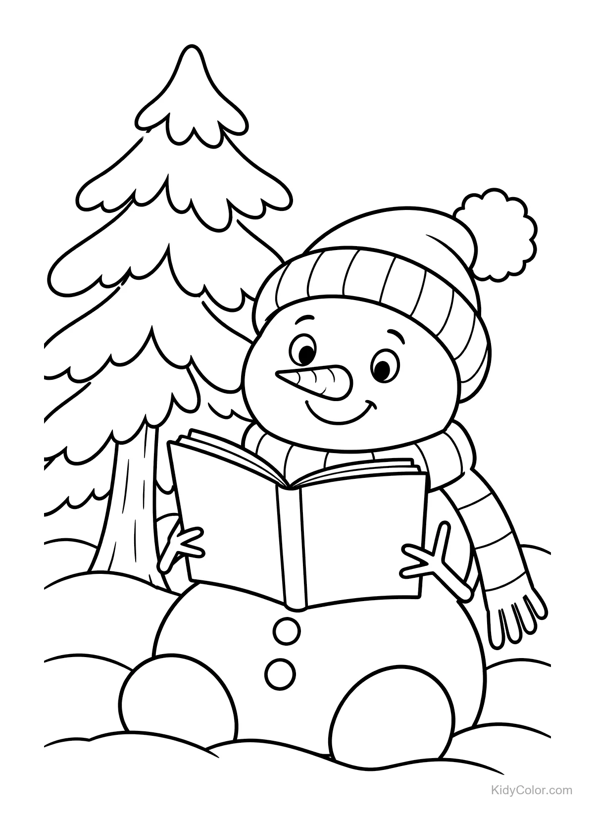 Pupazzo di neve con cappello e sciarpa legge un libro accanto a un albero innevato.