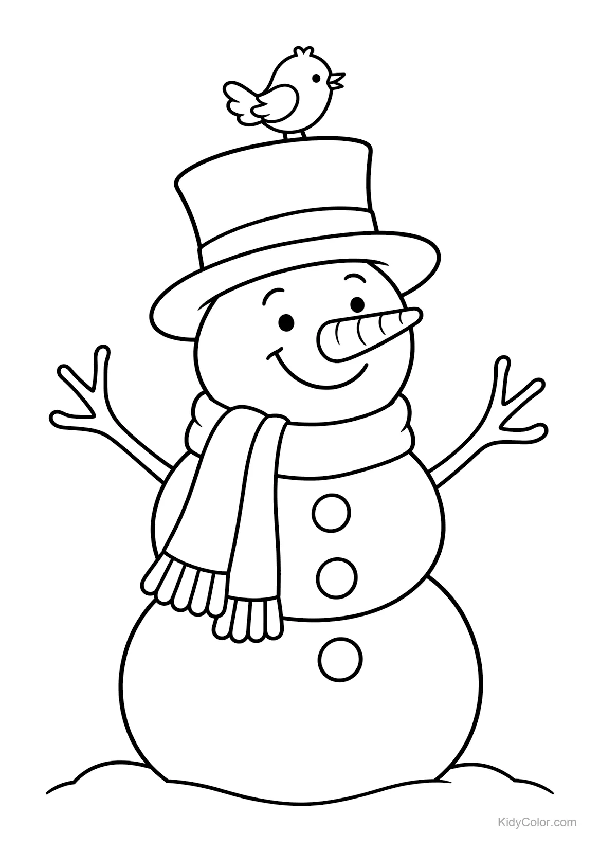 Pupazzo di neve con cappello a cilindro, sciarpa e uccellino sul cappello.