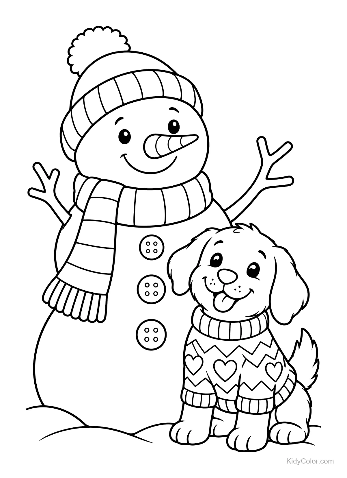 Snowman with striped scarf and dog in heart sweater.