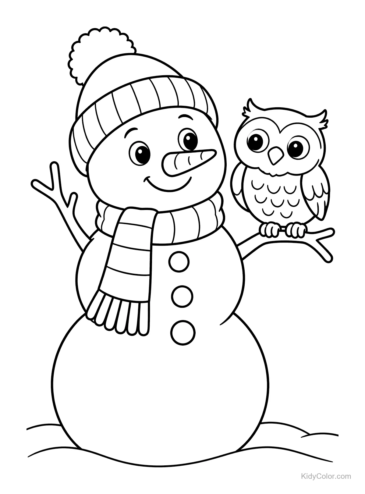 Sneeuwpop met hoed en sjaal, uil op takarm.