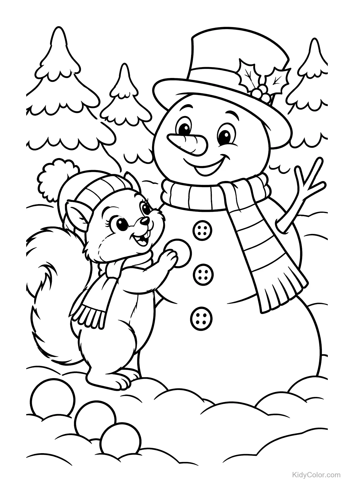 A cheerful snowman with a scarf and a squirrel wearing a hat in the snow.