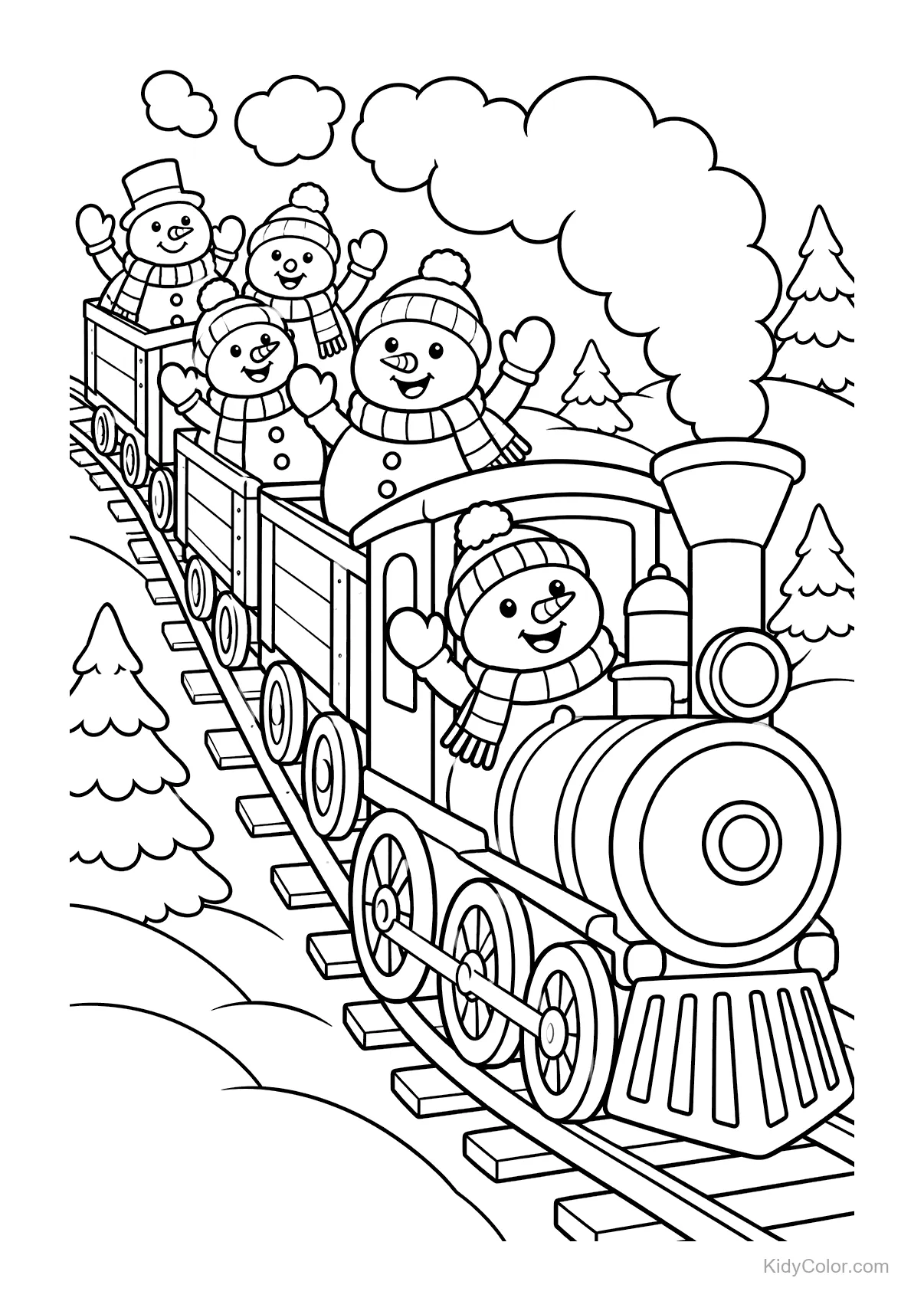 Snowmen waving from a train in a snowy scene.