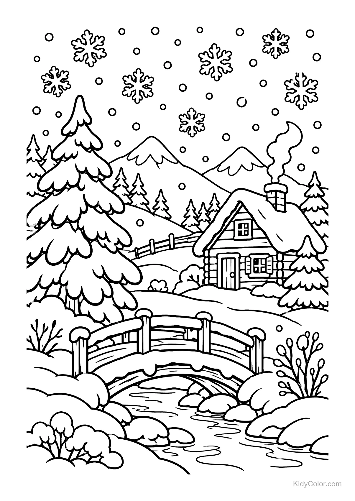 Cabin and bridge covered in snow with mountains in the background.