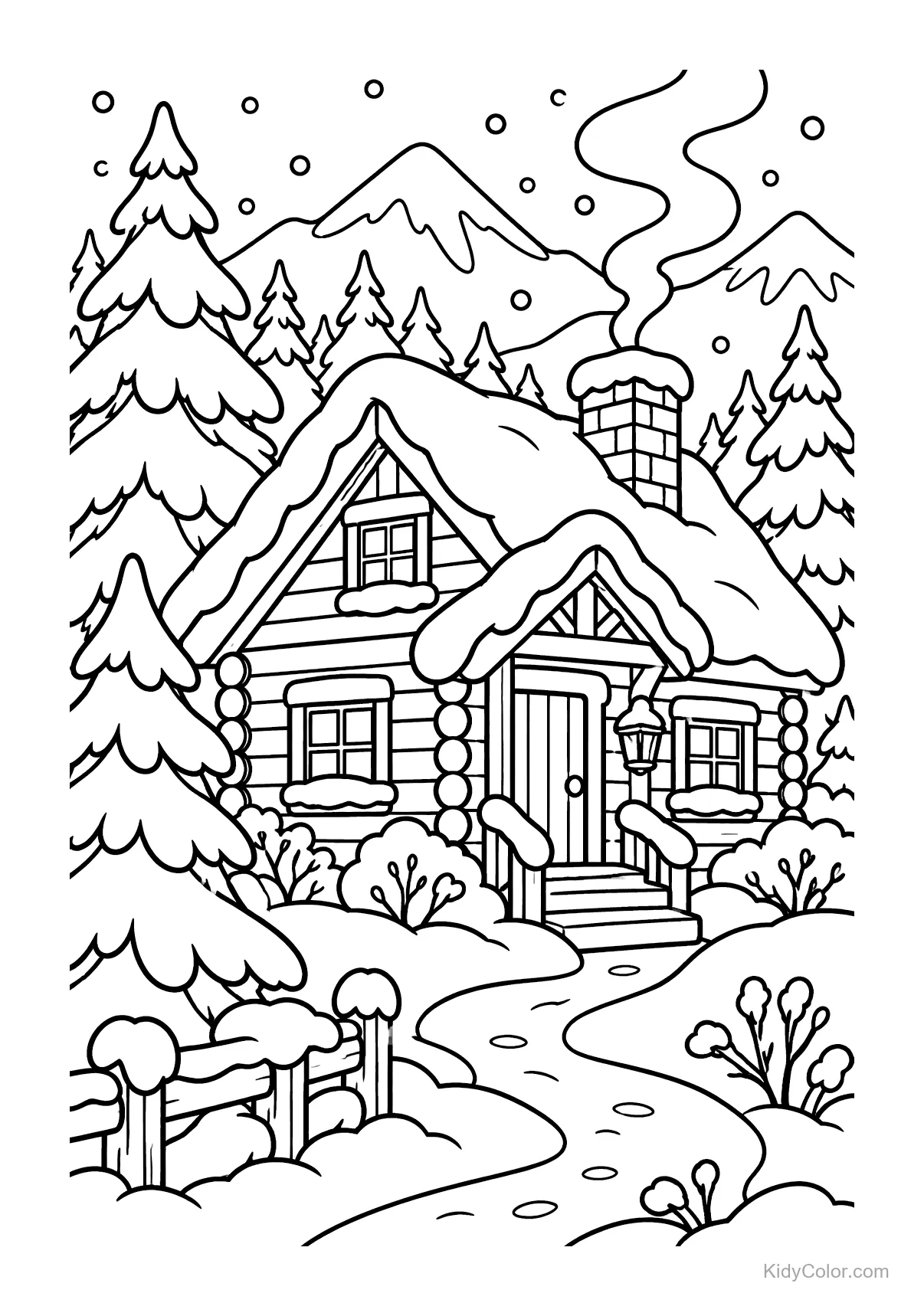 A snowy log cabin surrounded by pine trees in a forest.
