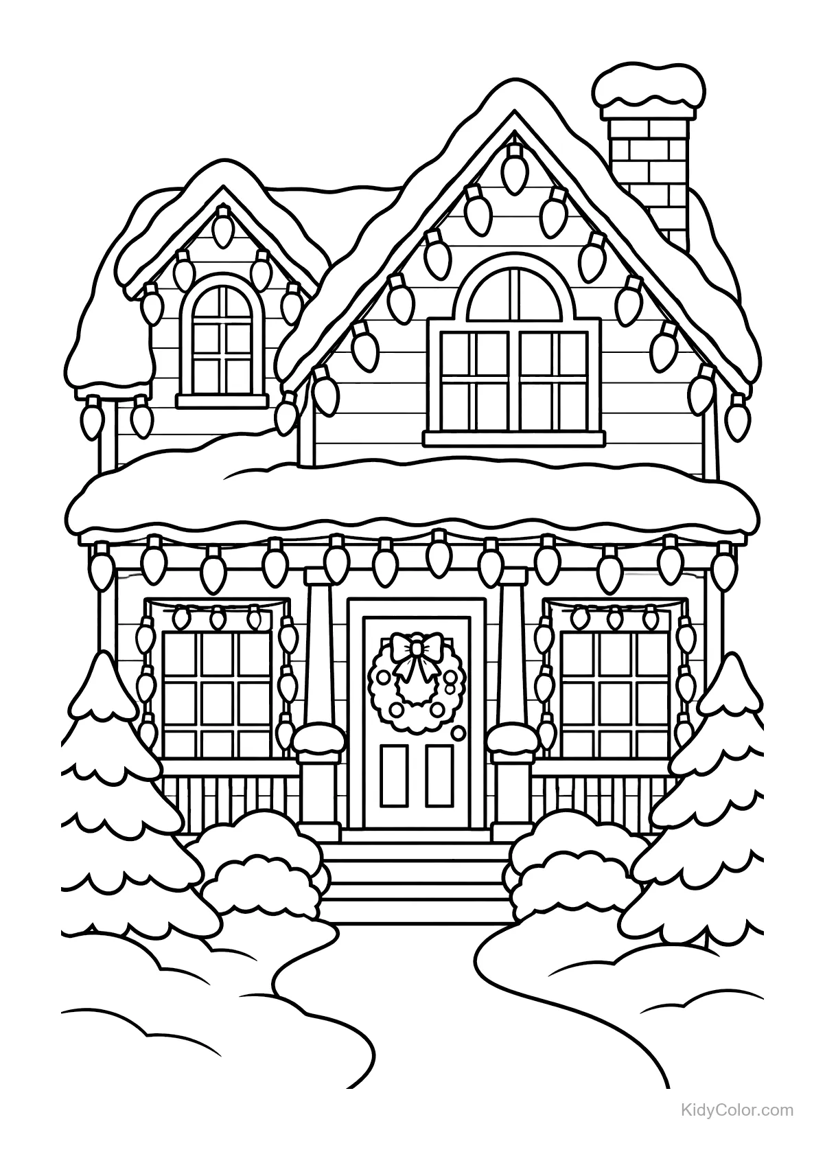 Casa innevata decorata con luci natalizie e alberi.