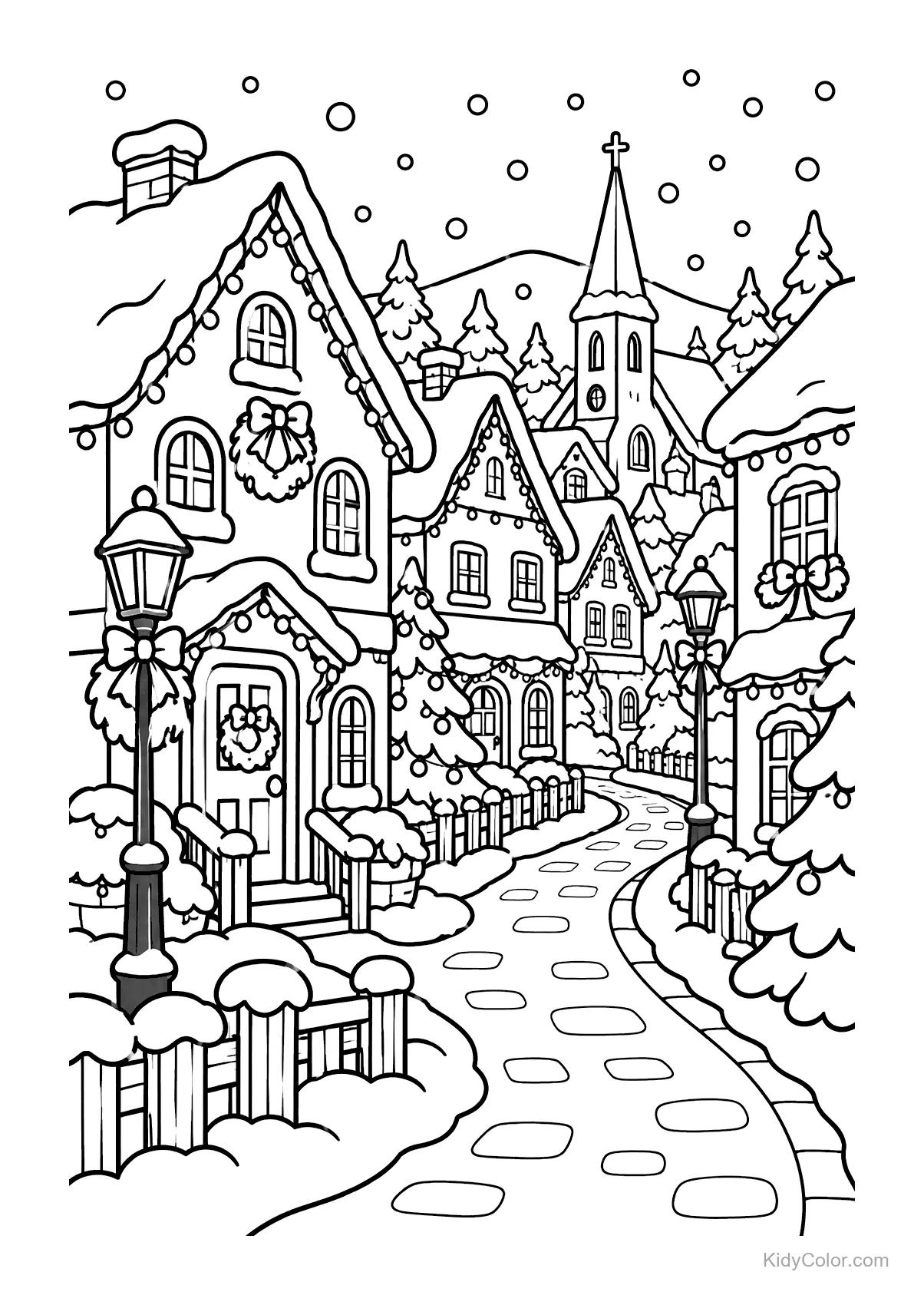 A snowy street in a Christmas village with decorated houses.
