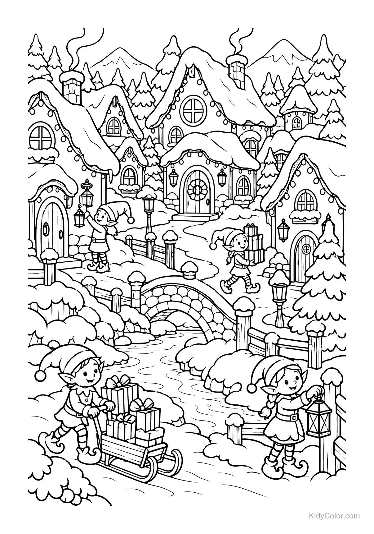 Elves carry gifts and lanterns in a snowy village with cottages.