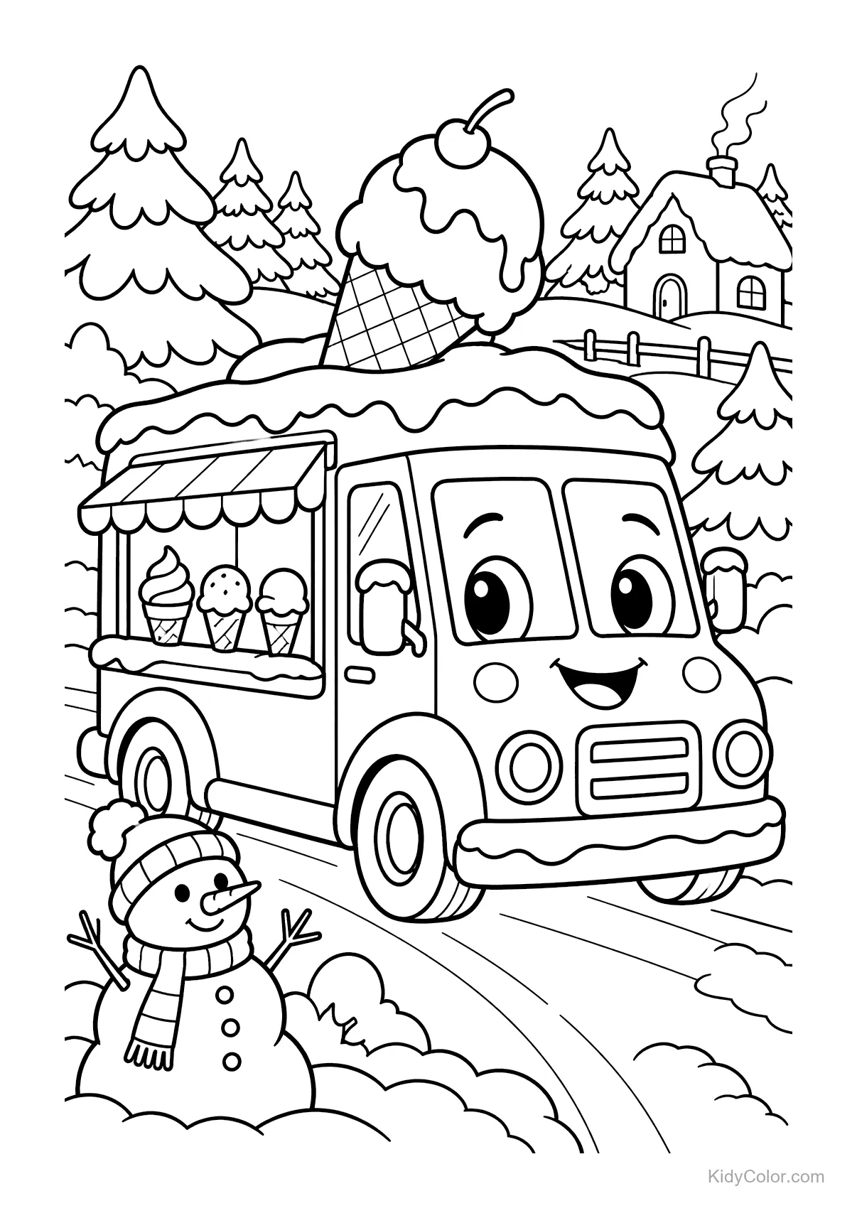 Camioncino dei gelati che attraversa la neve con un pupazzo di neve vicino.