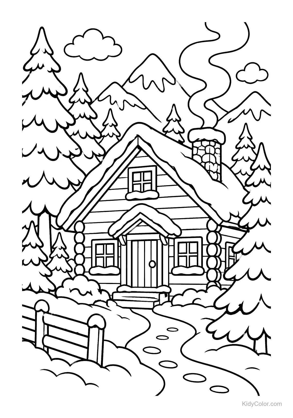 A cozy cabin with snow on the roof, surrounded by snowy mountains and pine trees.
