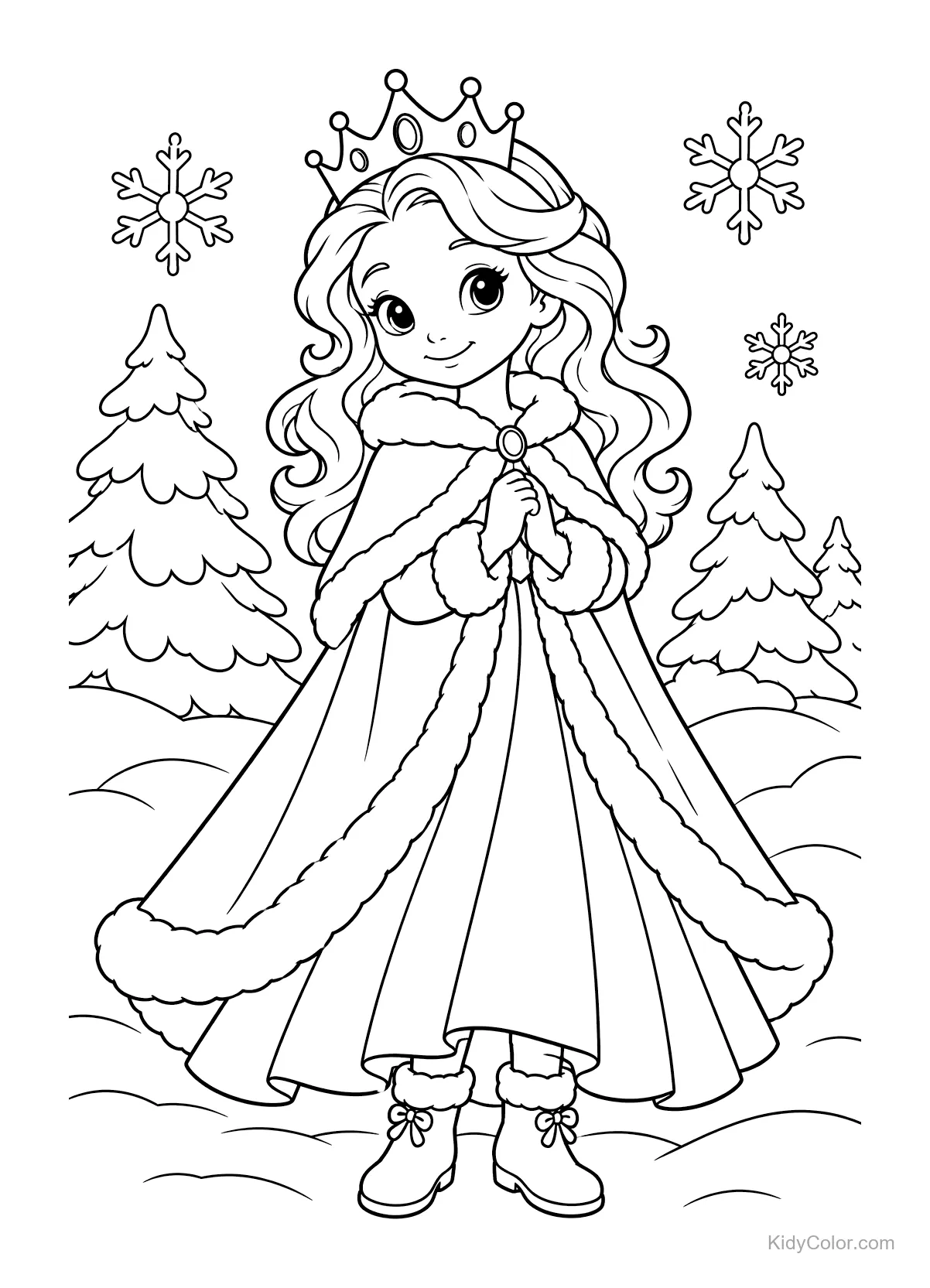 Princess in a fur-lined cloak, with a crown, in a snowy winter scene.