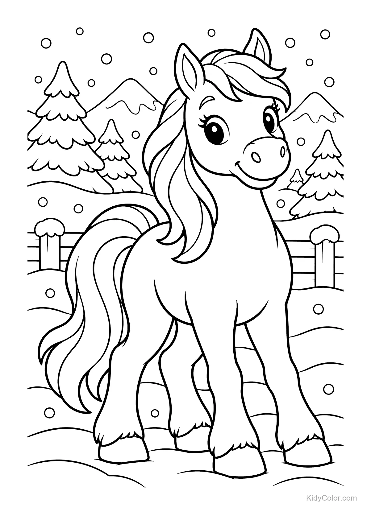 Cavalo fofo na neve com árvores e montanhas.