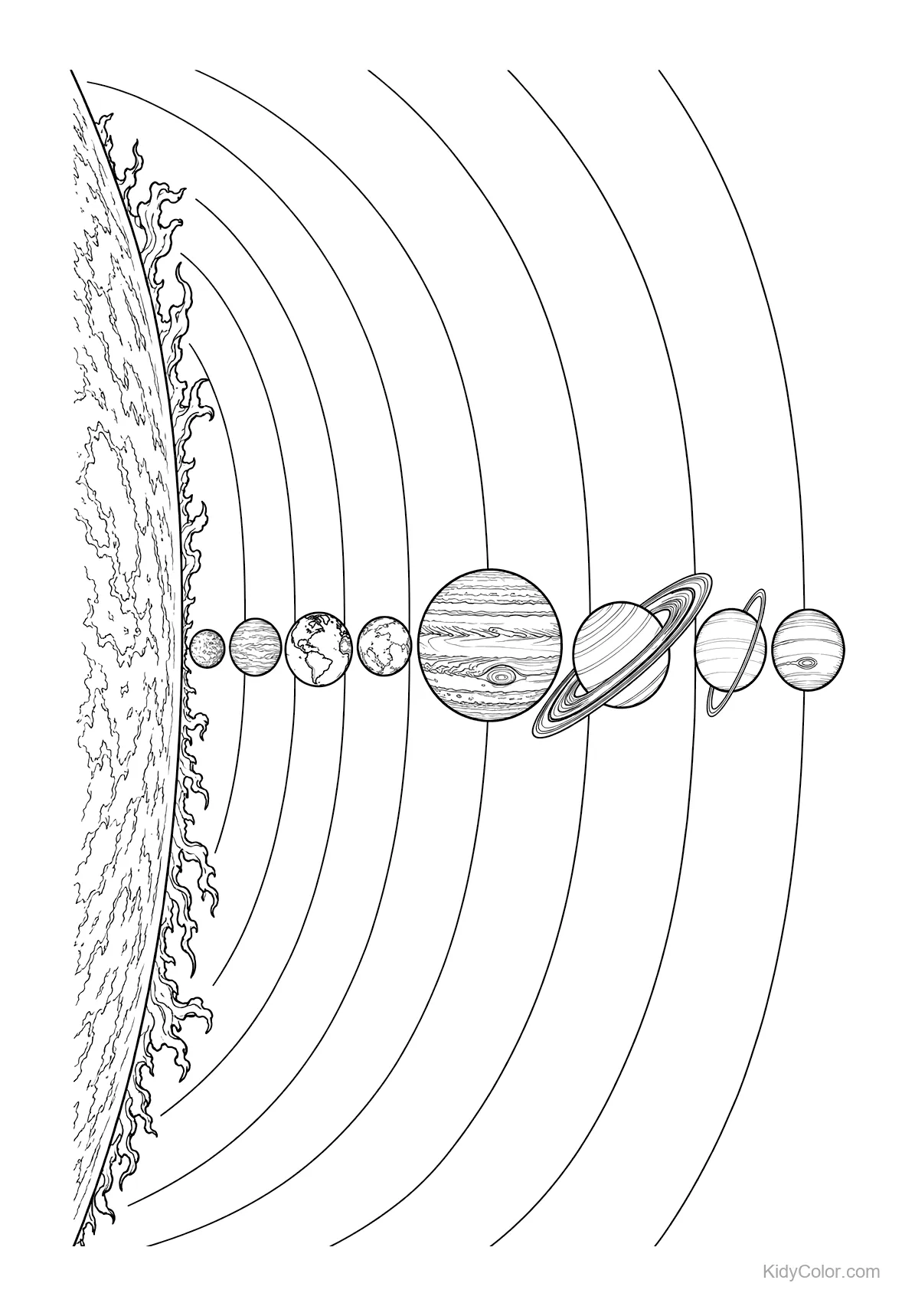 Diagram of the solar system orbit with sun and planets in black and white.