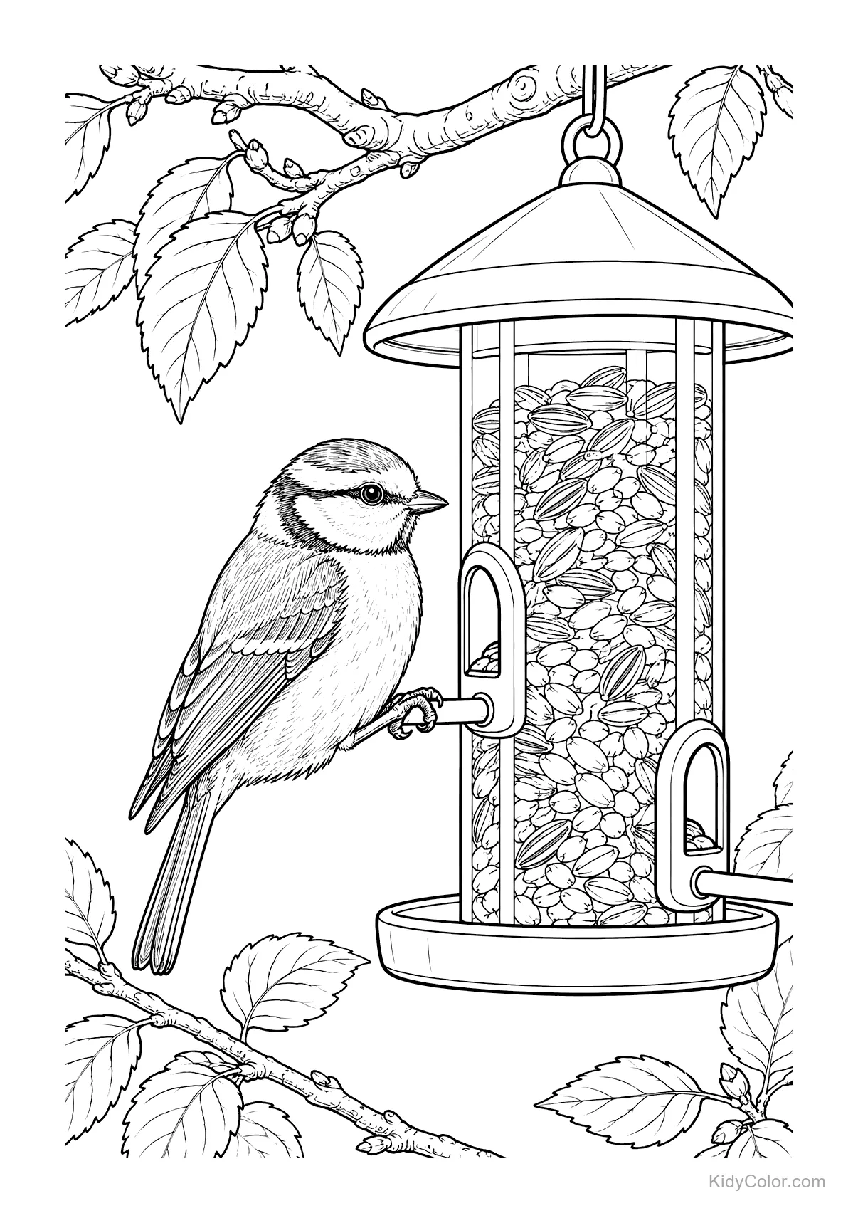 A songbird perched on a garden feeder under branches.