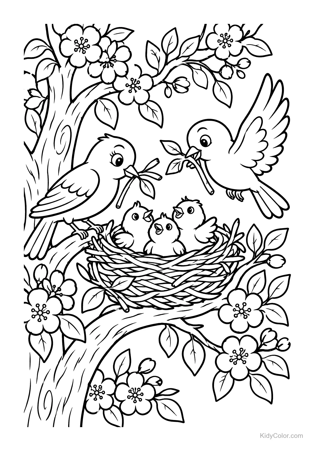 Songbird family in a blooming tree with nest and chicks.