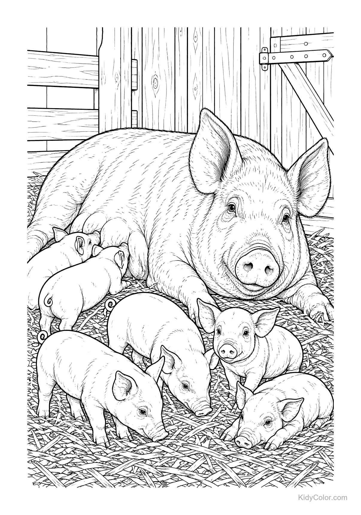 A sow with piglets resting on straw in a barn.