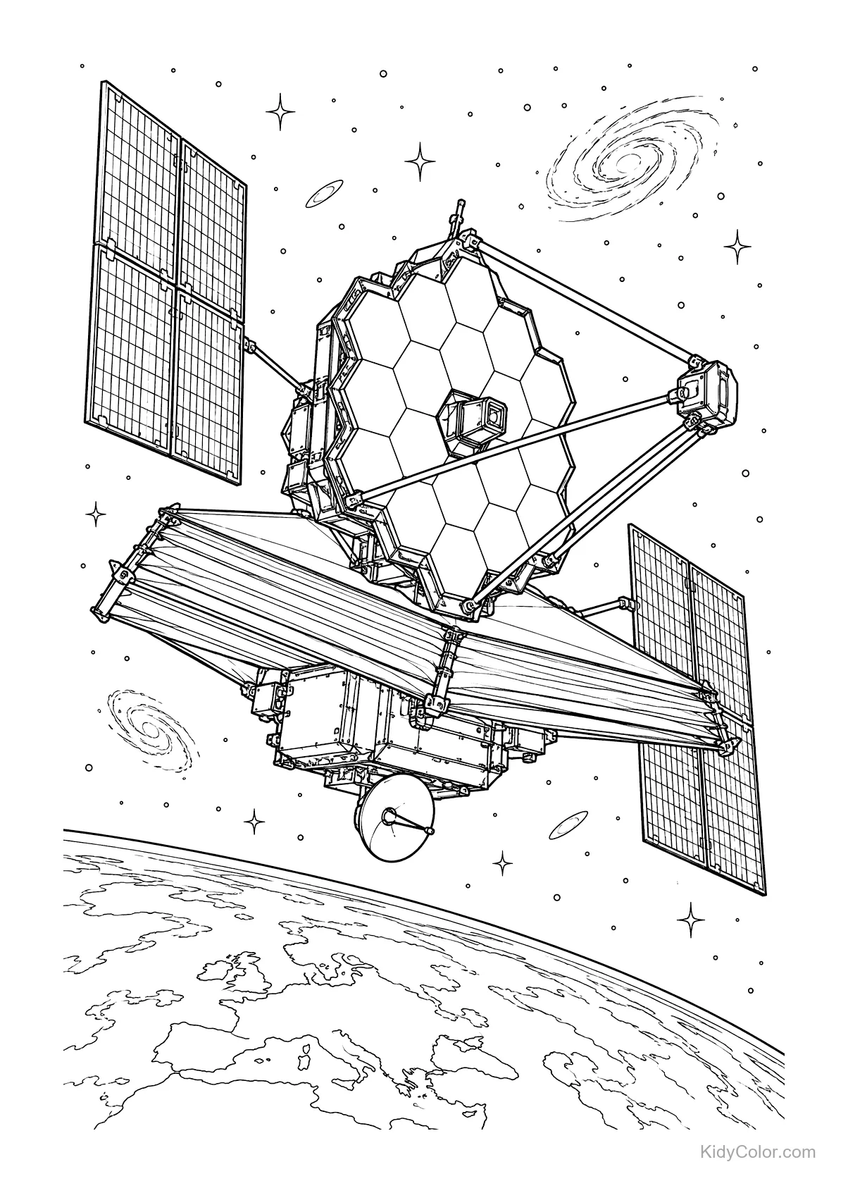 A space telescope with solar panels orbiting Earth, surrounded by stars and galaxies.