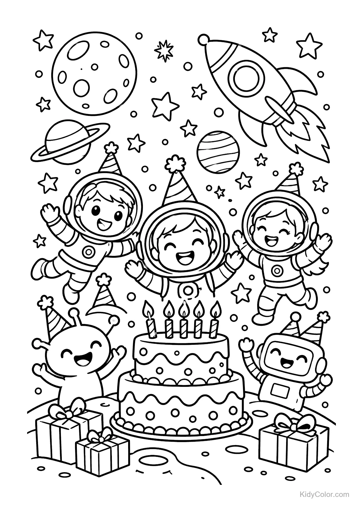 Niños en trajes de astronauta celebran alrededor de un pastel con regalos, estrellas y planetas.