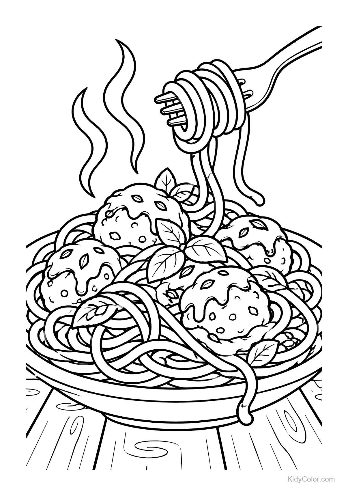 A bowl of spaghetti with meatballs and basil, fork twirling noodles.