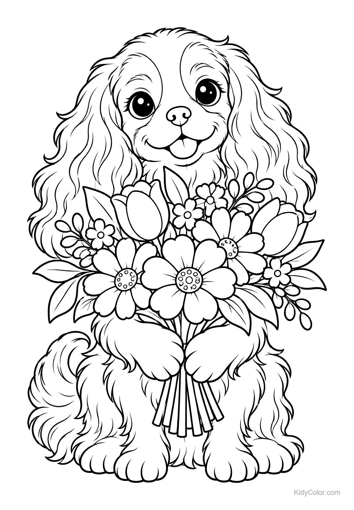 Cavalier King Charles spaniël met een boeket bloemen.