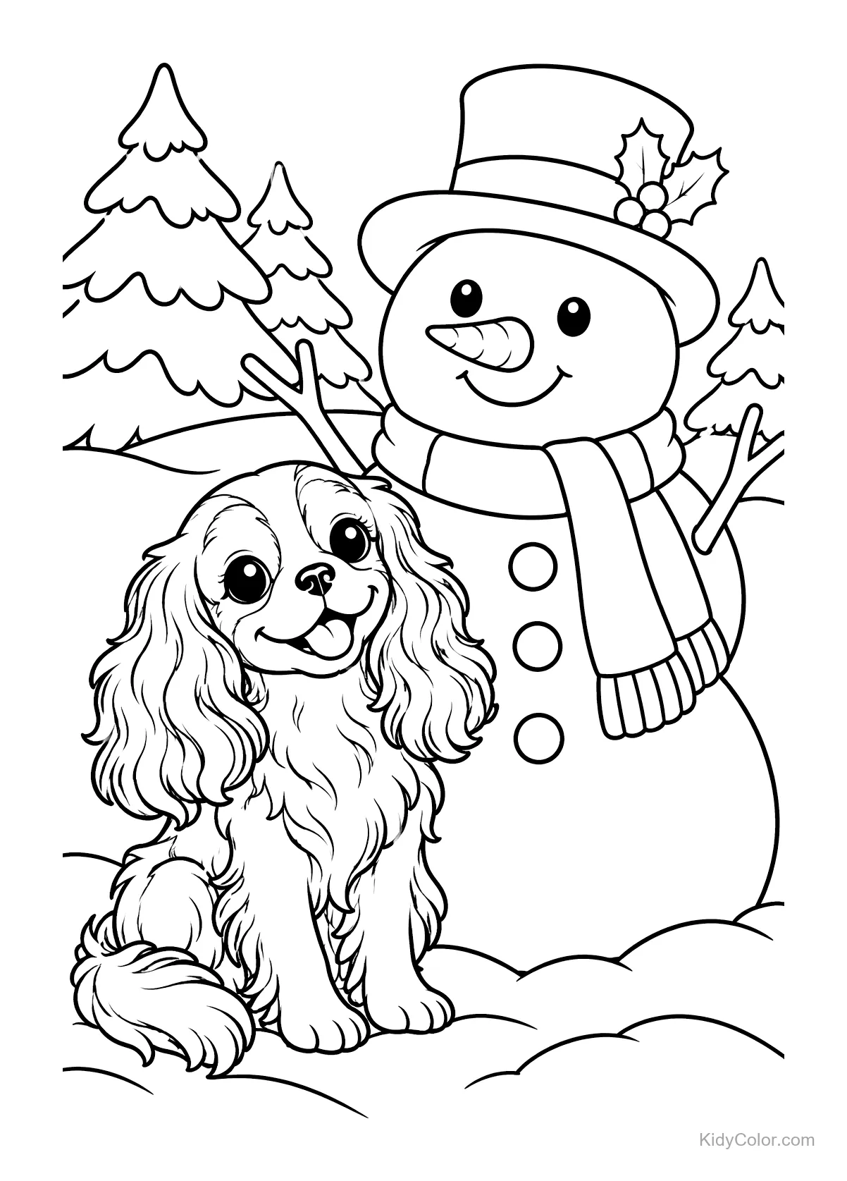 Un Cavalier King Charles Spaniel à côté d'un bonhomme de neige.