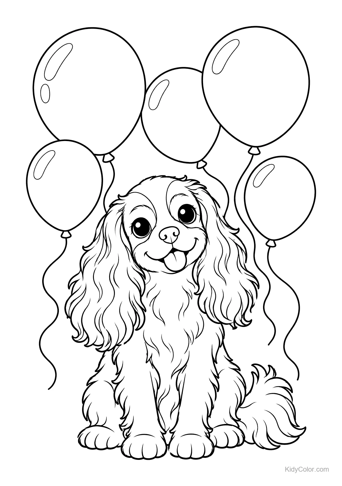 Cavalier King Charles Spaniel sitting with five balloons.