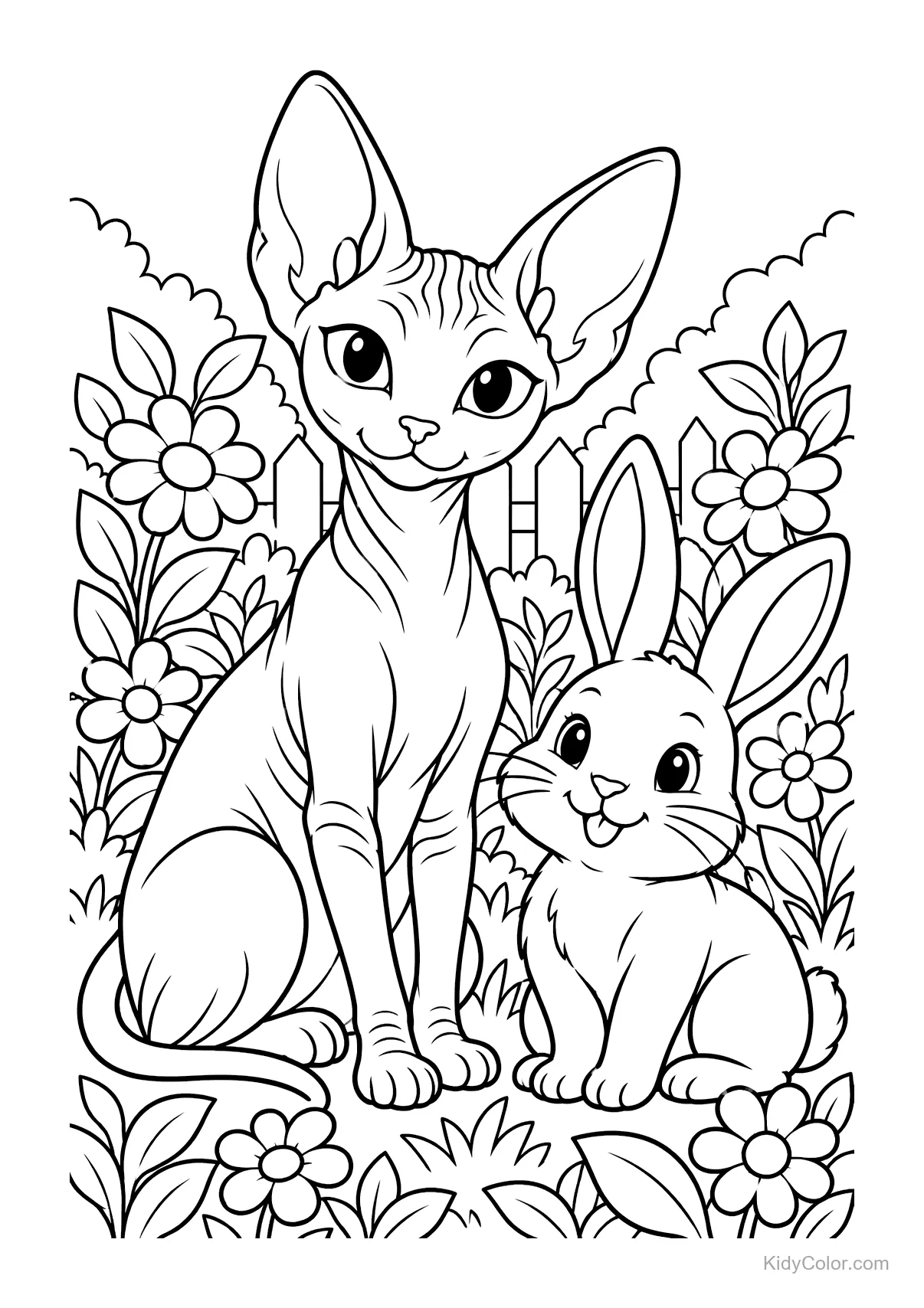 Sphynxkatze und Hase sitzen im Garten mit Blumen.