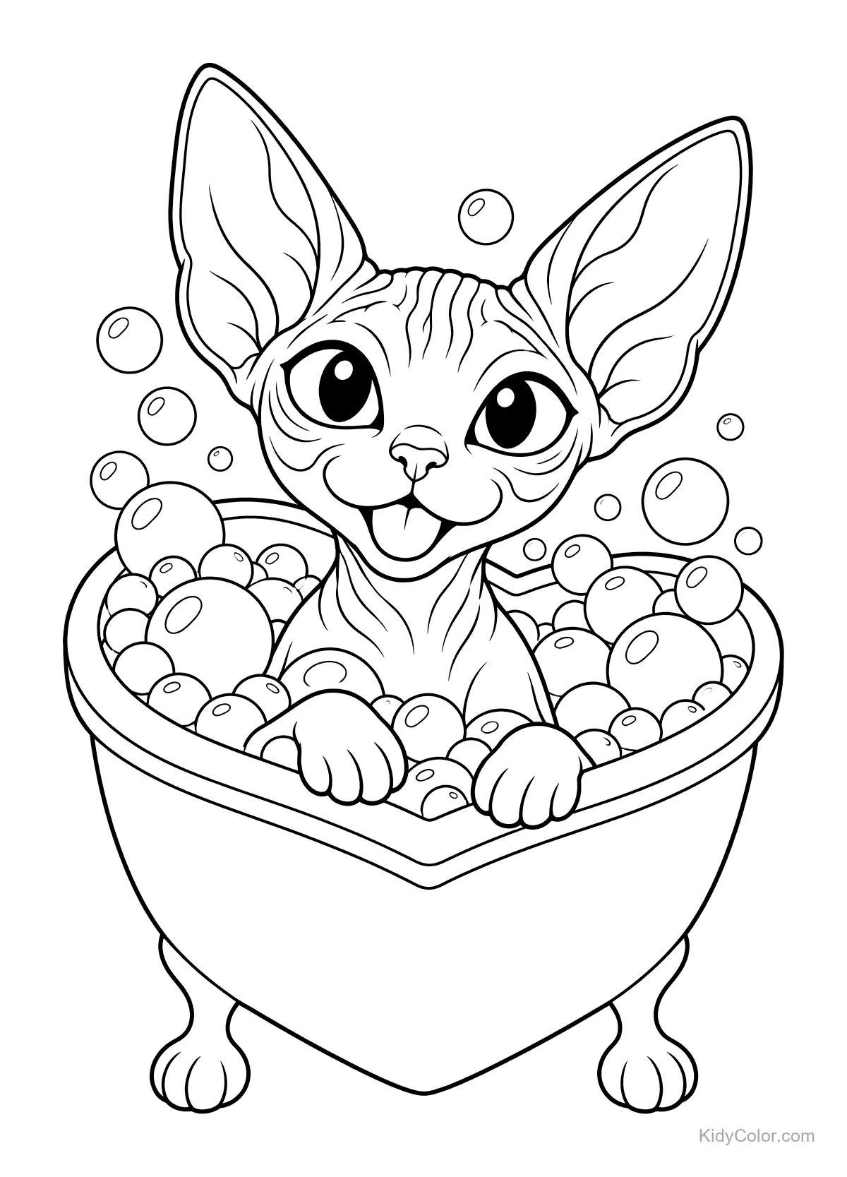 Sphynxkat in een hartvormig bad vol bubbels