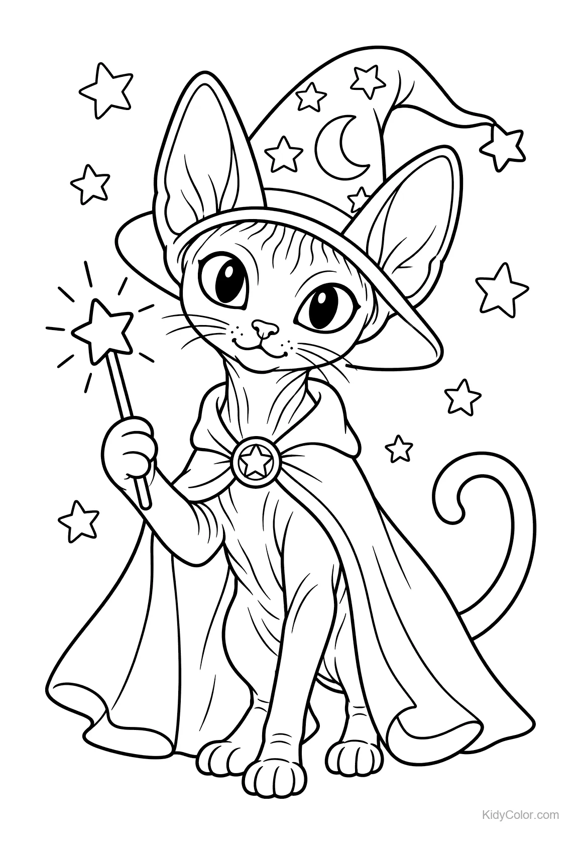 Chat Sphynx avec chapeau de sorcier et baguette magique.