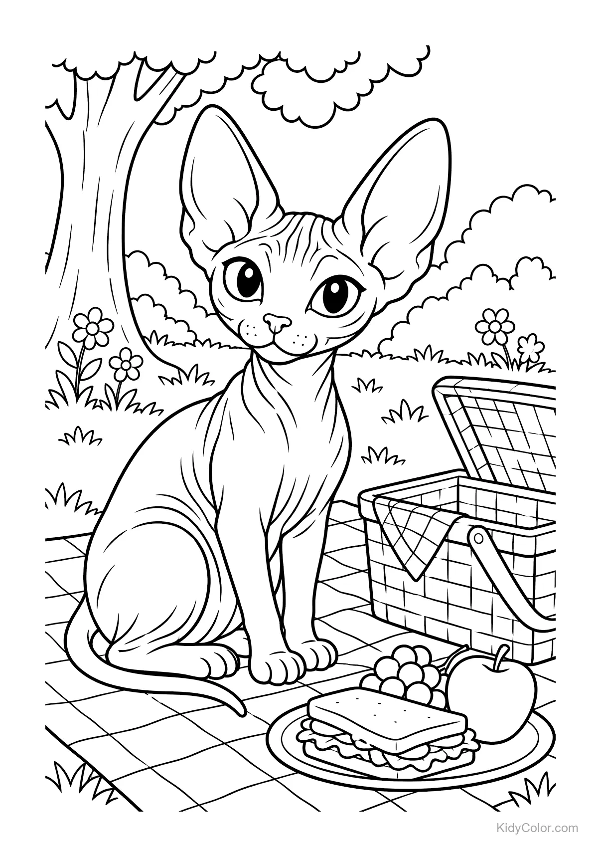Chat Sphynx assis sur une couverture de pique-nique avec nourriture et panier.