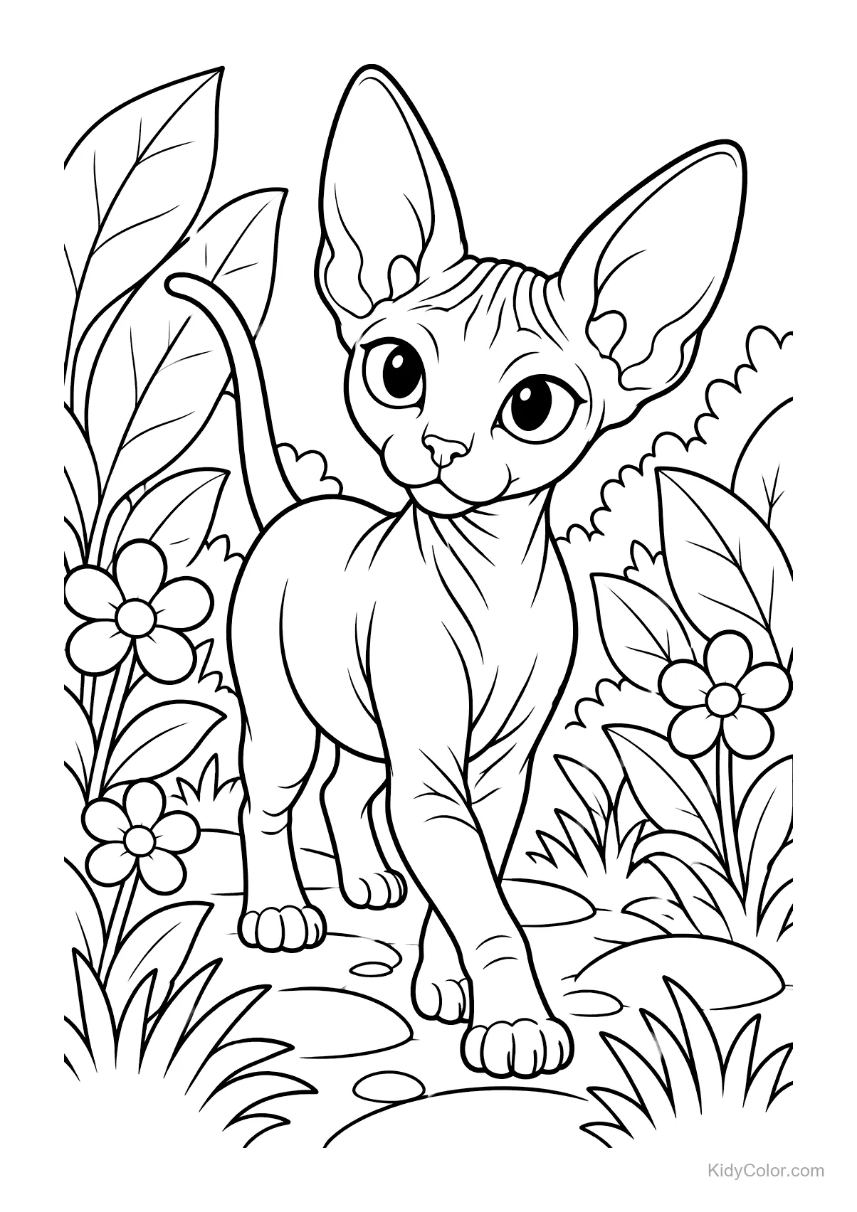 Sphynxkat wandelt in een tuin omringd door bloemen.
