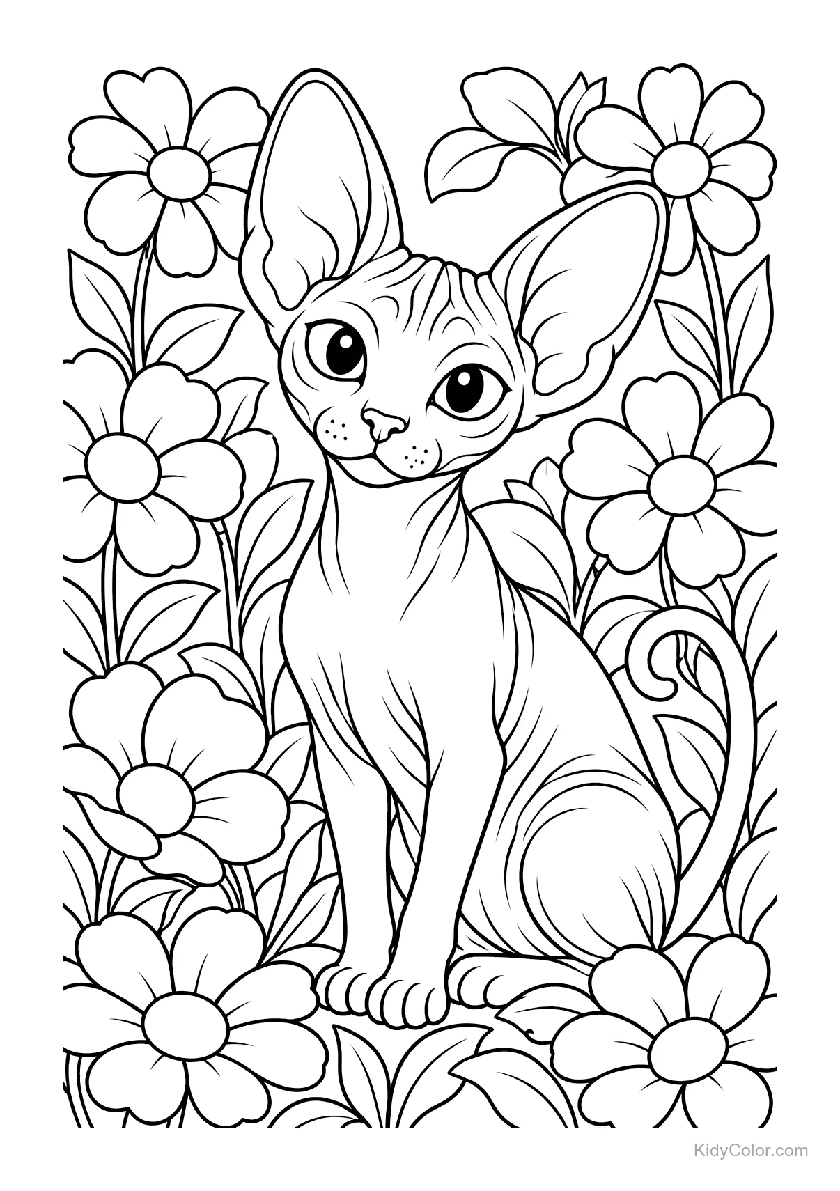 Sphynx cat sitting among large blooming flowers.