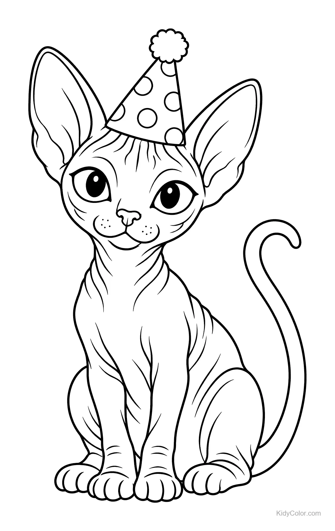 Sphynxkat met een feesthoedje met stippen, zittend.