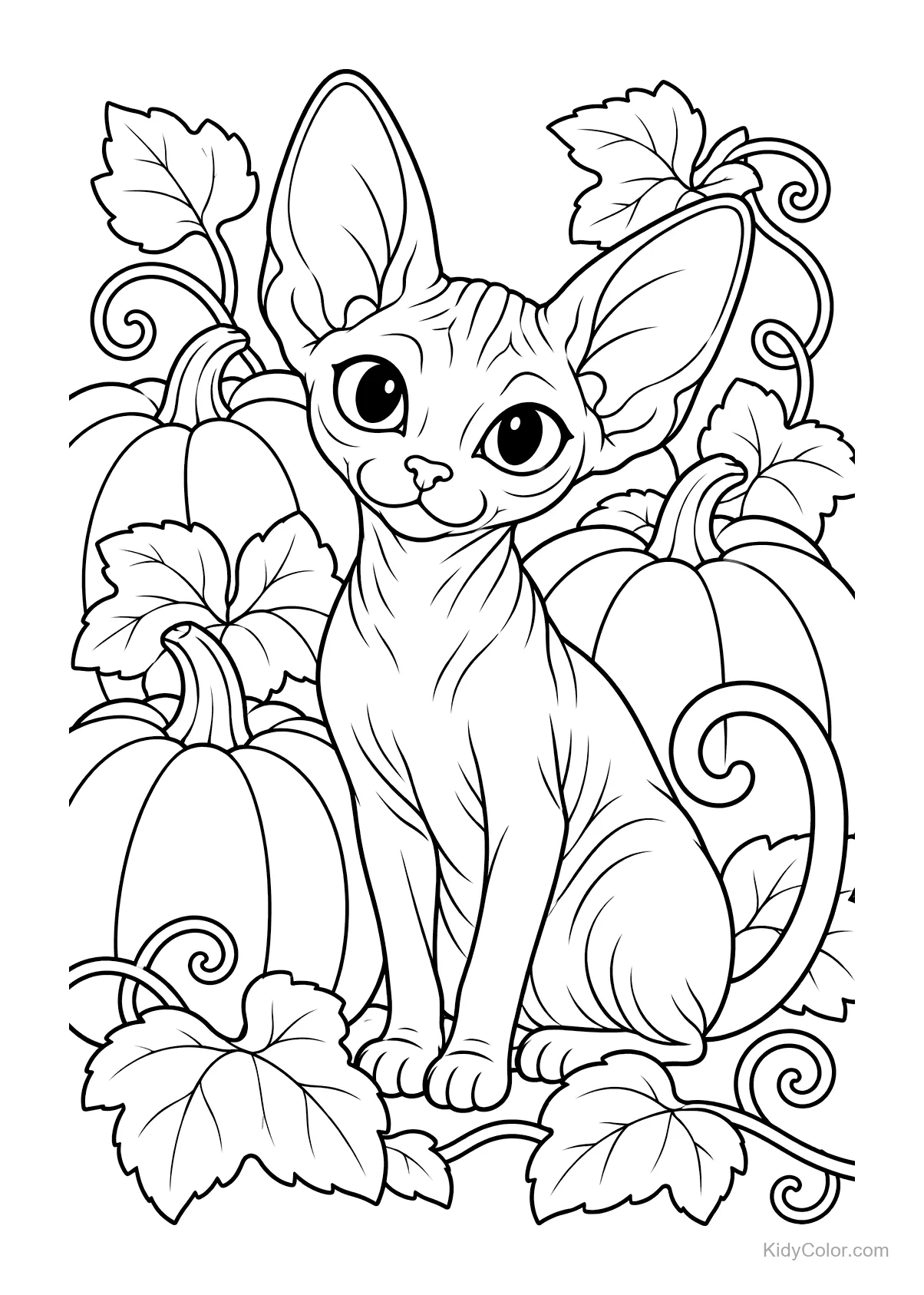 Sphynx cat sitting among pumpkins and curling vines.