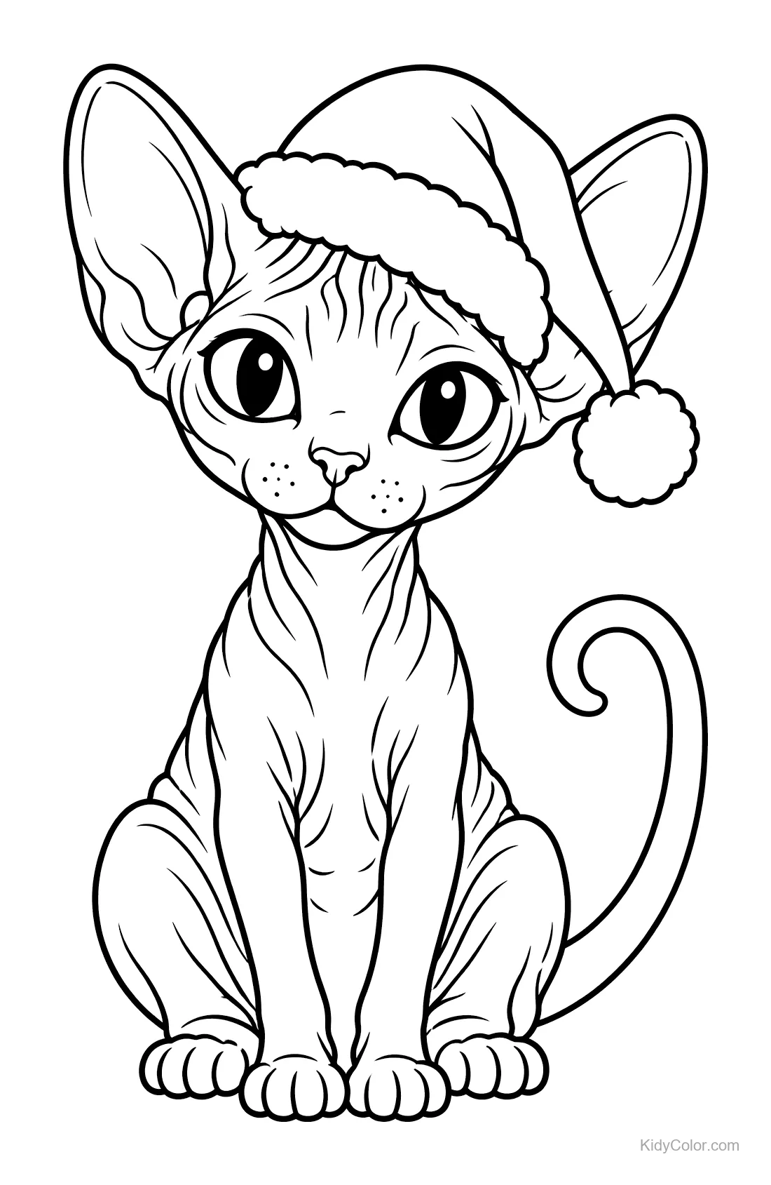 Sphynx-Katze mit Weihnachtsmütze, sitzt ruhig.