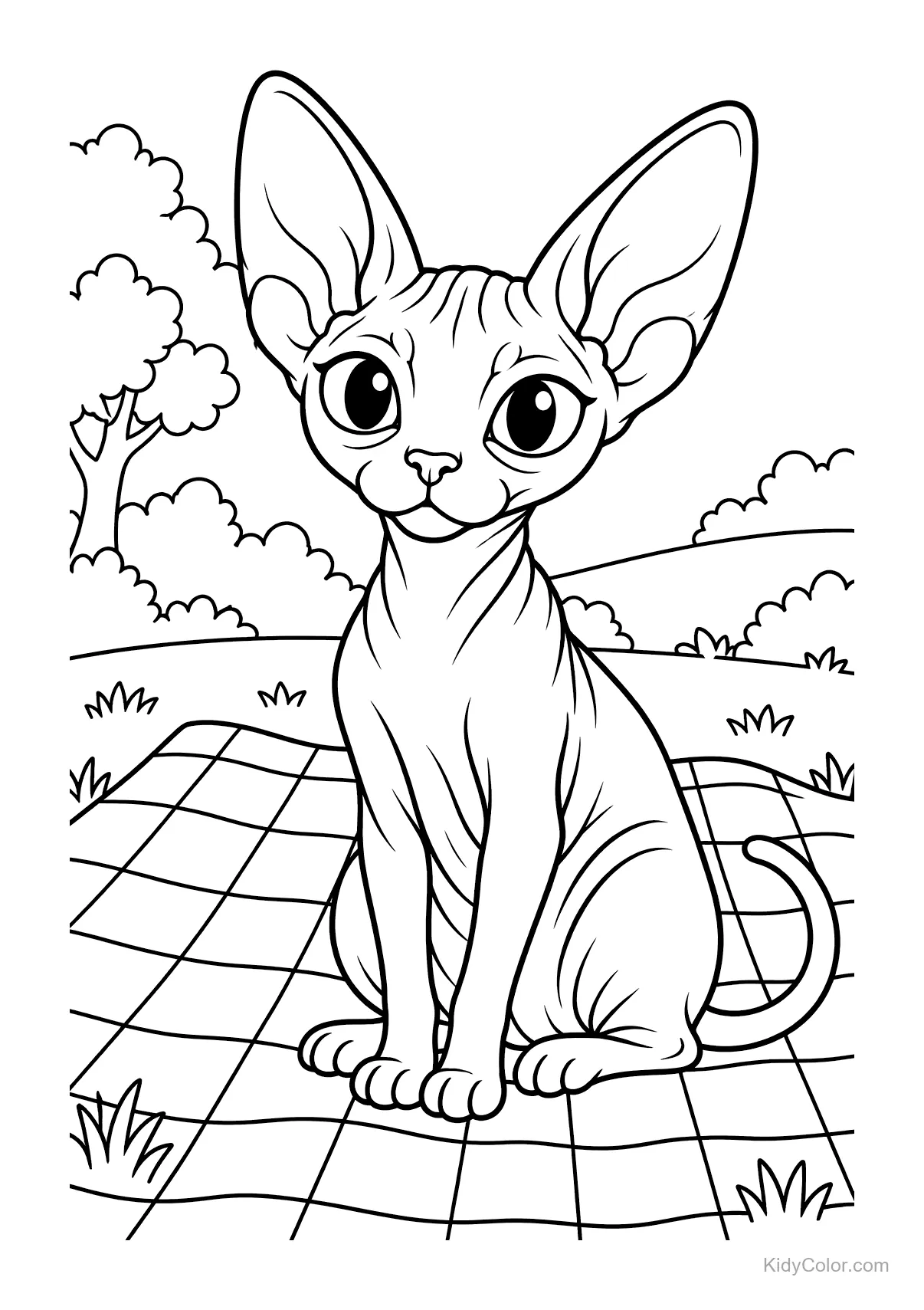 A Sphynx cat sits on a picnic blanket with trees in the background.
