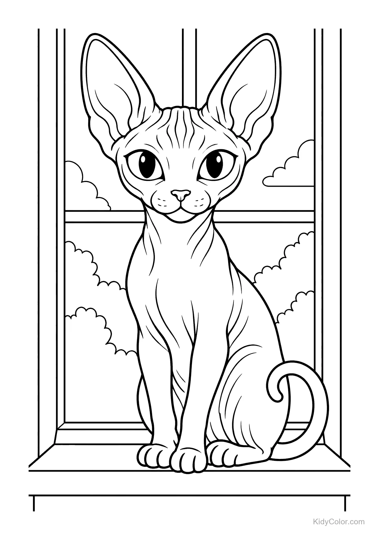 Sphynx cat sitting on a windowsill with clouds outside.