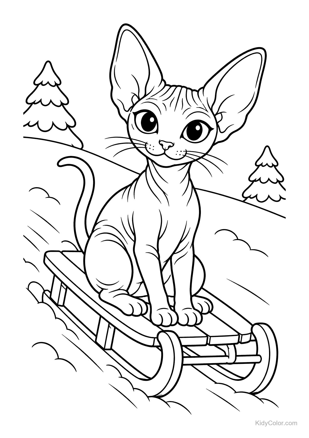 Sphynx cat sledding downhill on a snowy hill with trees.