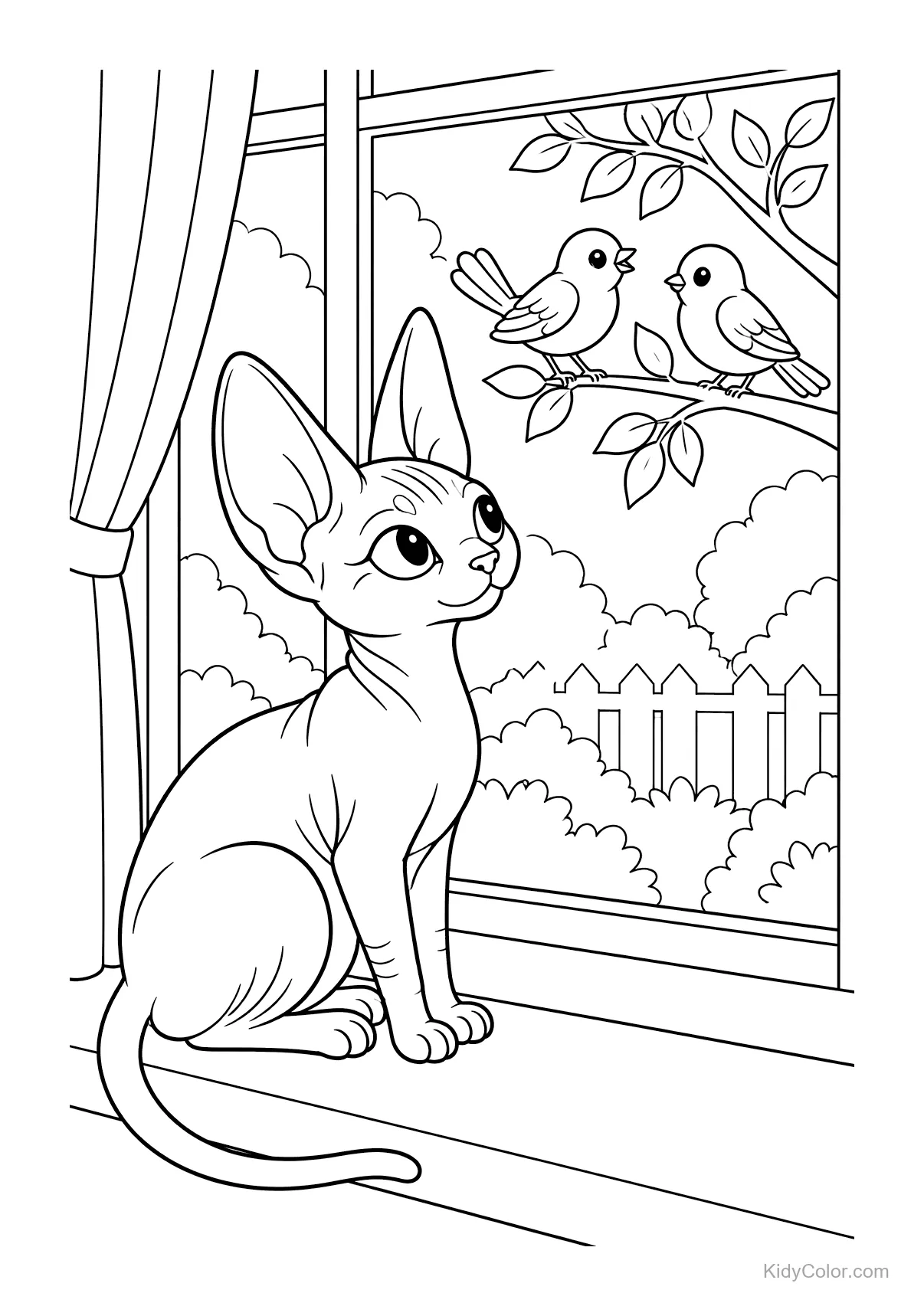Sphynx cat watching birds through a window with a garden view.