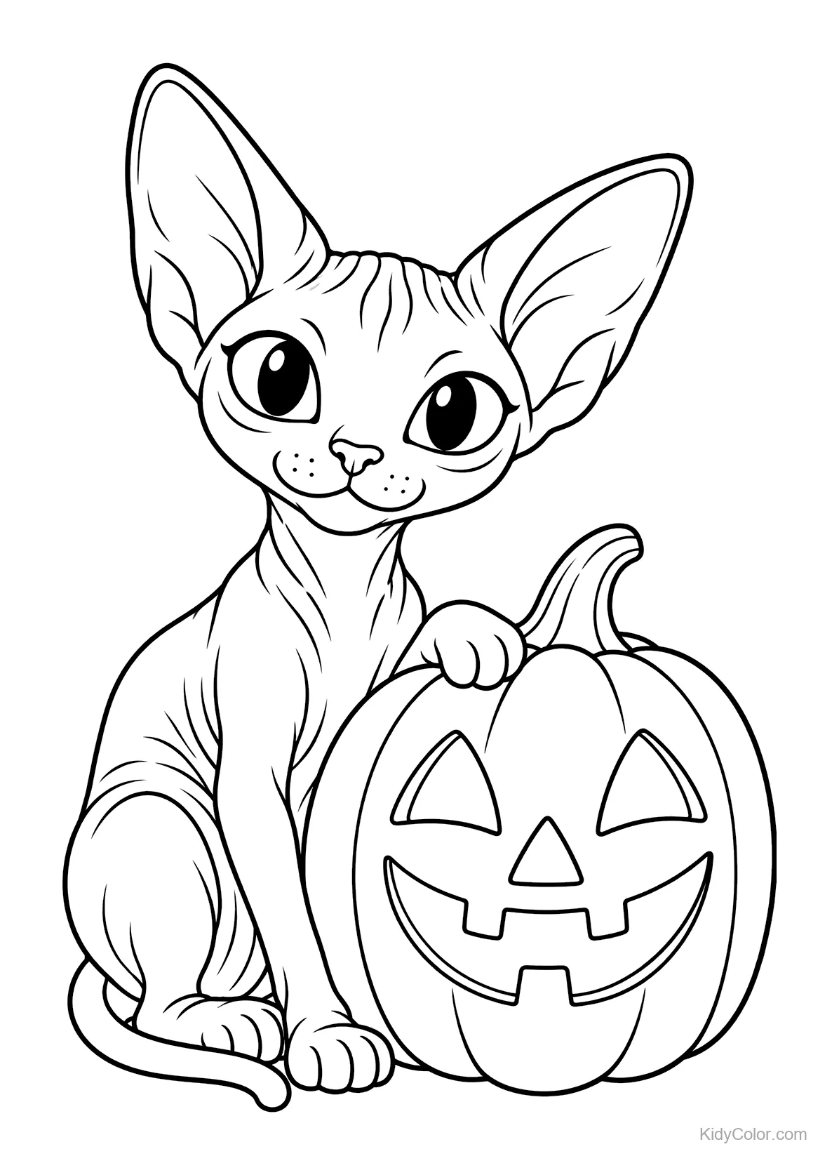 Sphynx-Katze sitzt mit einem Kürbis.