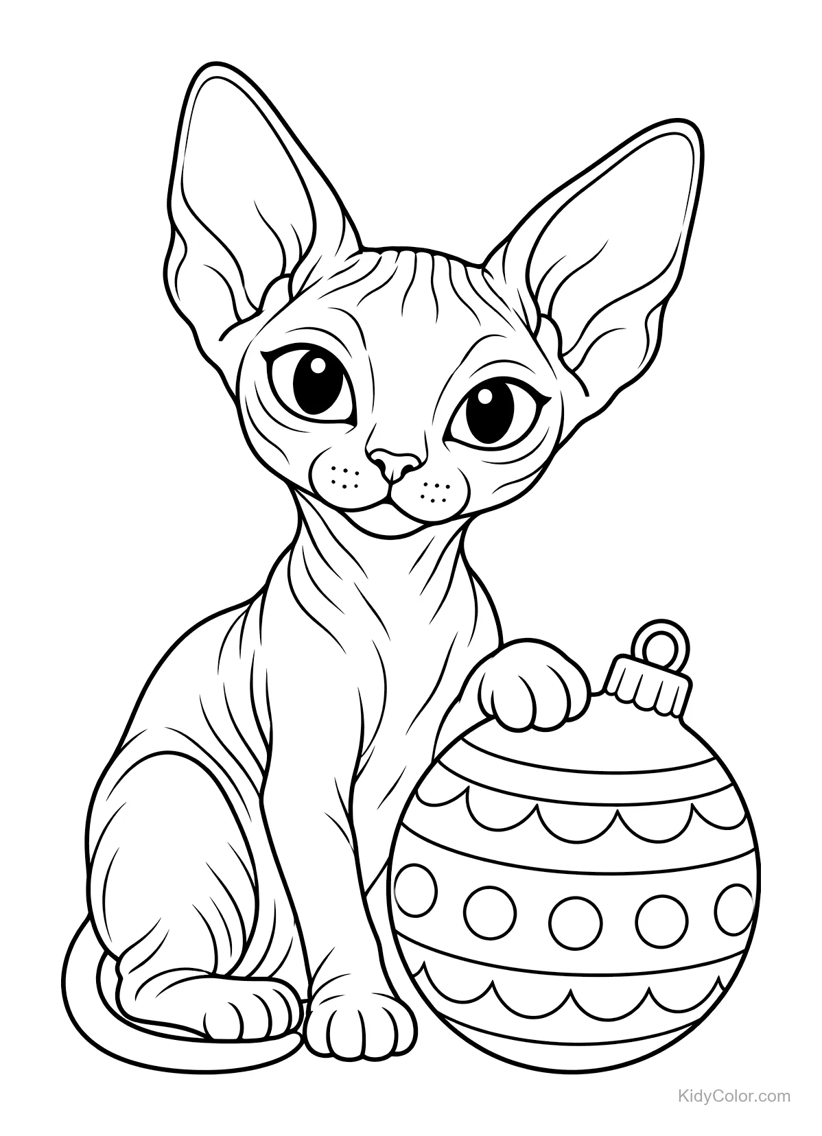 Sphynx-Katze sitzt neben einer Weihnachtskugel.