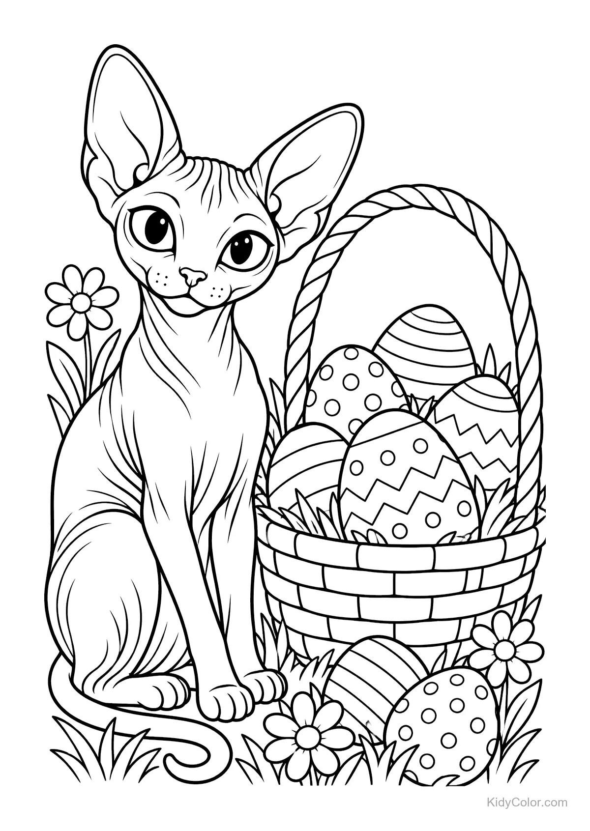 Sphynxkatze sitzt neben einem Korb mit Ostereiern im Garten.