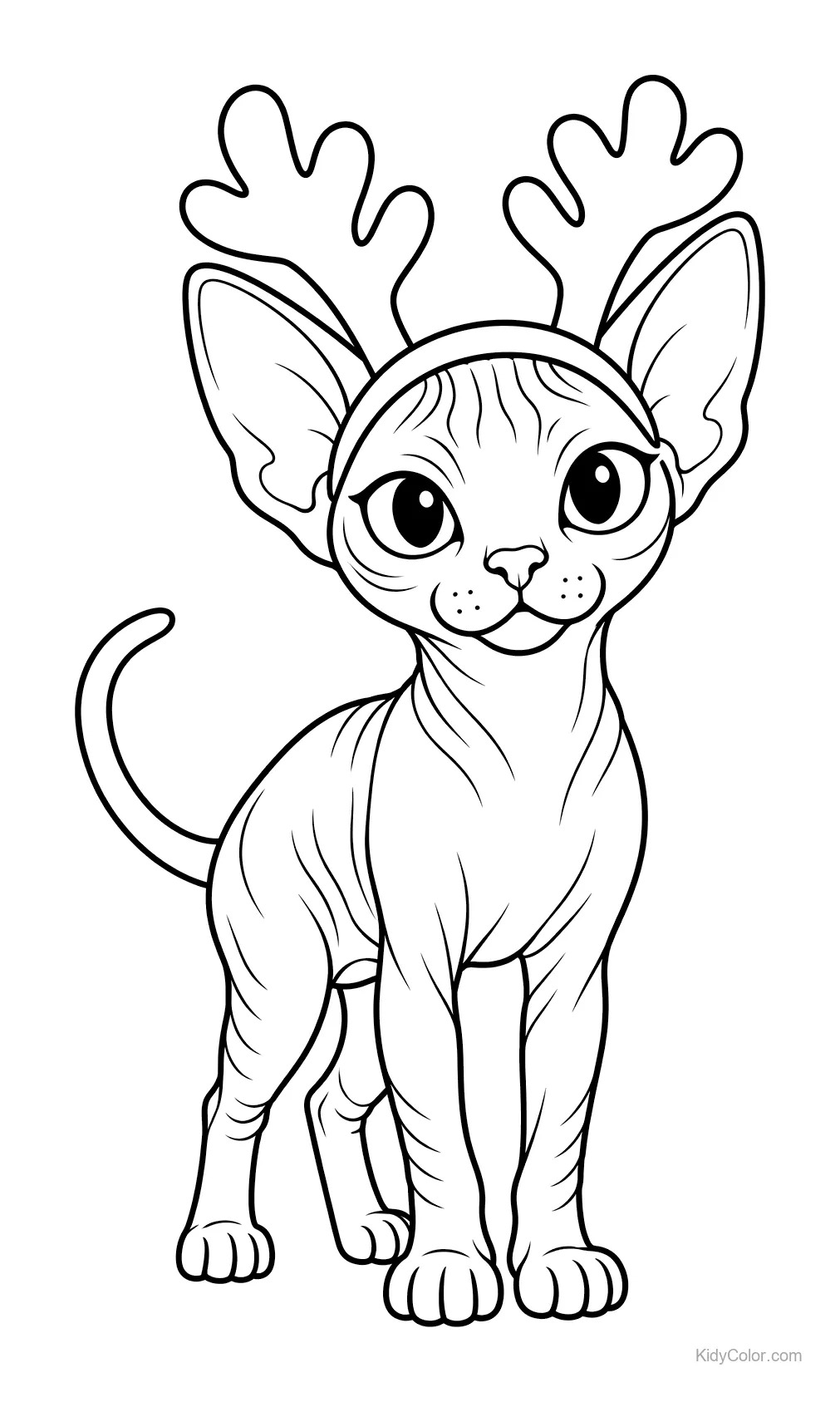 Sphynx-Katze mit Rentiergeweih, aufmerksam stehend.