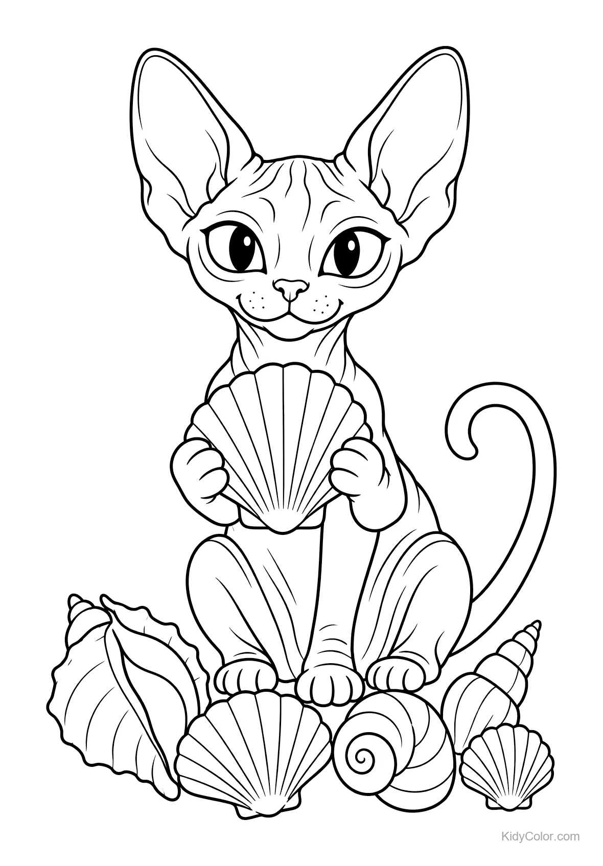Sphynx-Katze hält eine Muschel zwischen anderen Muscheln.