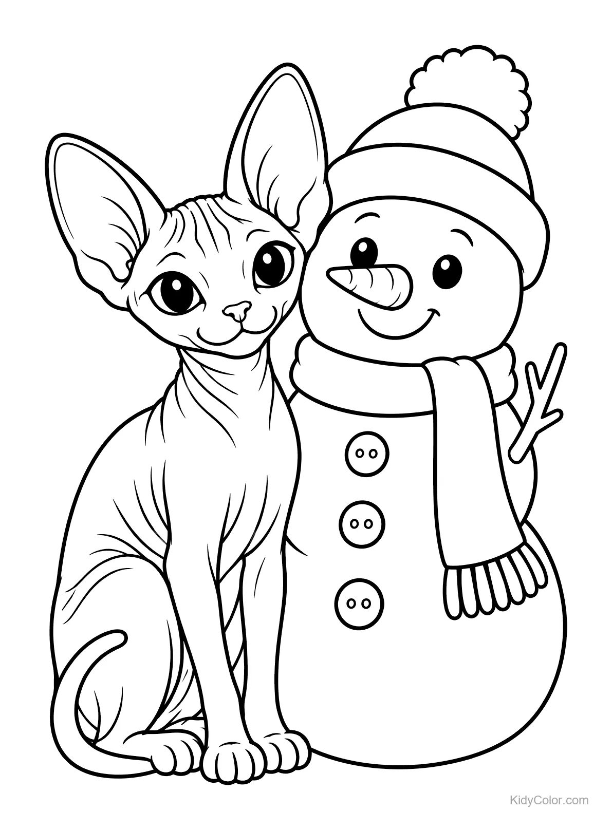Sphynx-Katze sitzt neben einem Schneemann mit Schal und Mütze.