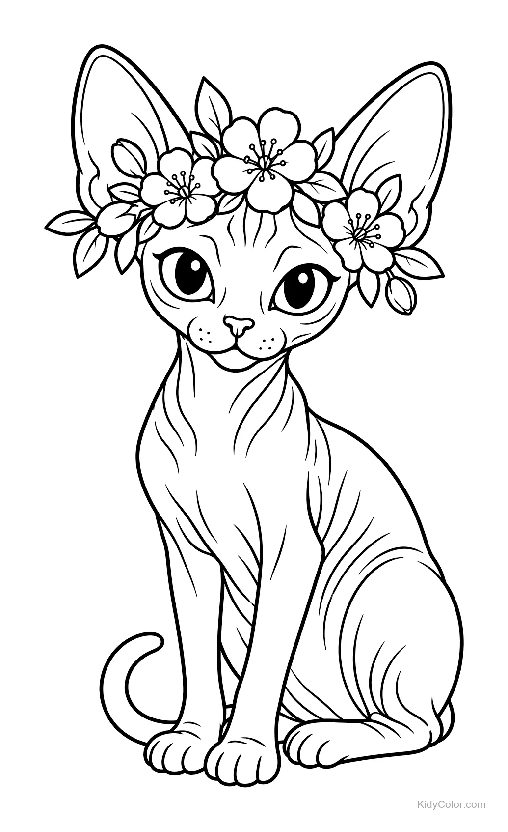 Sitzende Sphynx-Katze mit Blumenkrone.