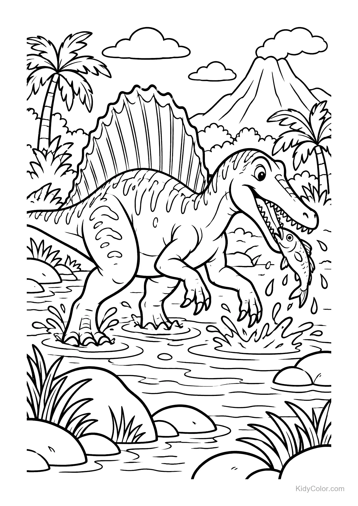 Spinosaurus in a stream catching a fish with jungle plants around.