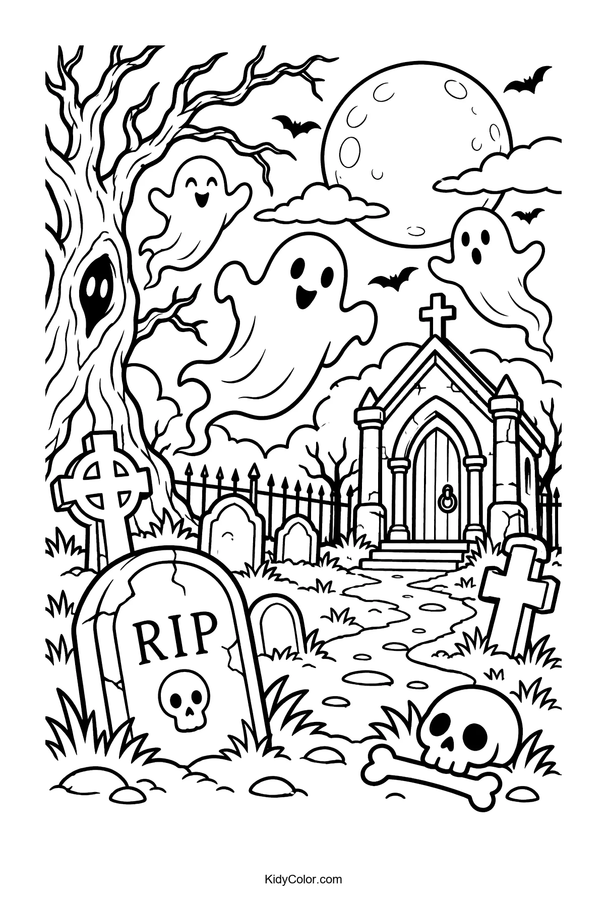 Spooky ghosts floating in a moonlit cemetery with a mausoleum.